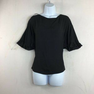 Biancoghiaccio Women's Black Round Neck Ruffle Short Sleeve Blouse Top Size S